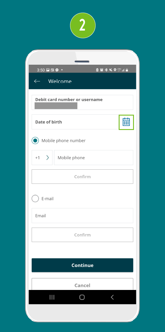 Mobile app screen with multiple input fields and a highlighted calendar icon.