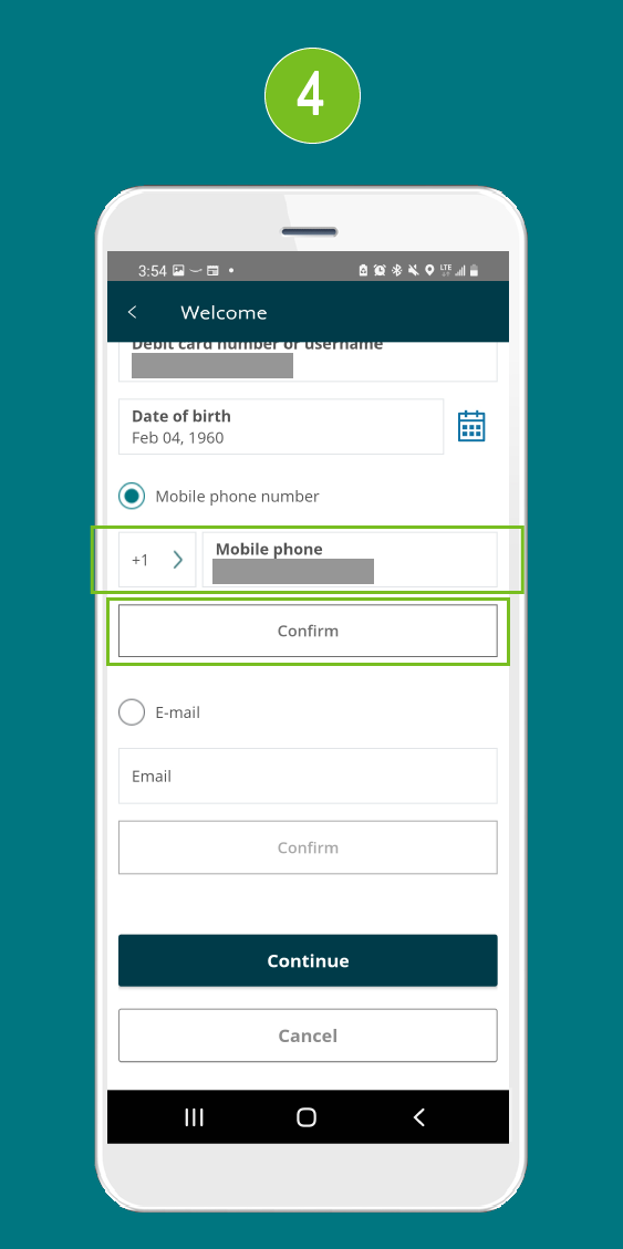 Mobile app screen with multiple input fields, highlighting the mobile phone field and the confirm button.