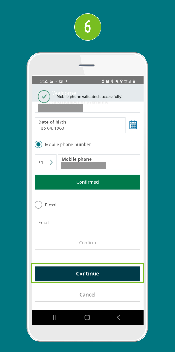 Screenshot of the mobile app login screen showing multiple input fields, with the Continue button highlighted to indicate the next step.