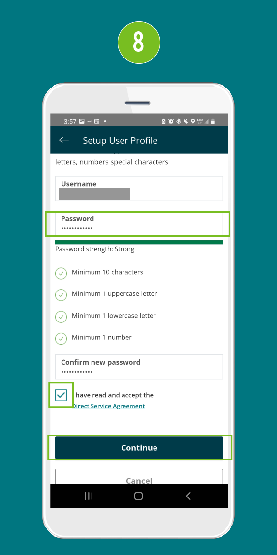 Mobile app screen highlighting the 'Password' input field, the checkbox labeled 'I have read and accept the Direct Service Agreement,' and the Confirm button.