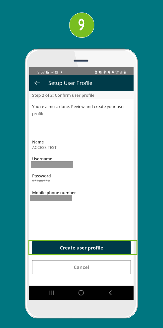 Mobile app screen highlighting the 'Create user profile' button.