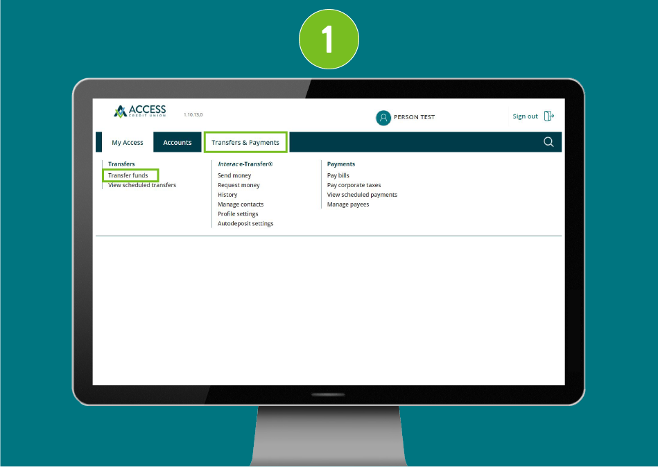 Website page in a desktop browser, focused on the “Transfers & Payments” dropdown menu and the “Transfer Funds” option.