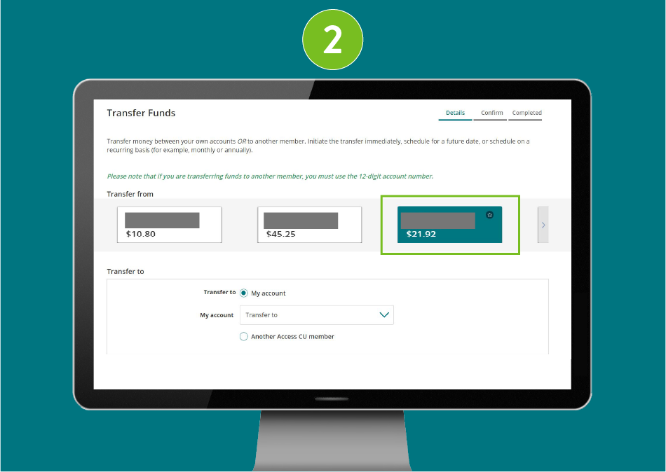 Transfer Funds page in a desktop browser, focused on one of the available account for transferring funds.