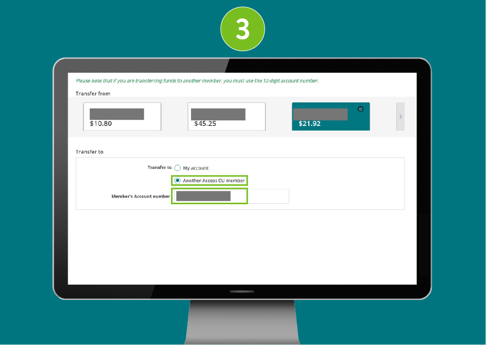 Website page in a desktop browser, with the “Another Access CU member” option selected and the member’s account number input field highlighted.