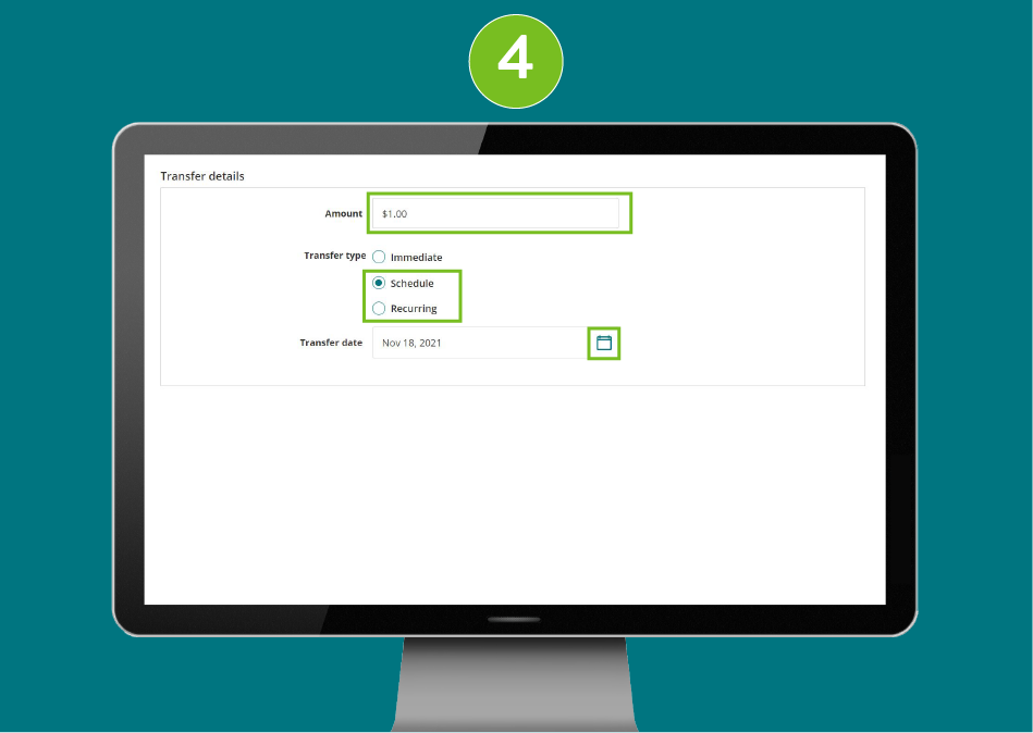 Website page in a desktop browser, focused on the amount field, with “Schedule” selected as the transfer type and the calendar icon highlighted.