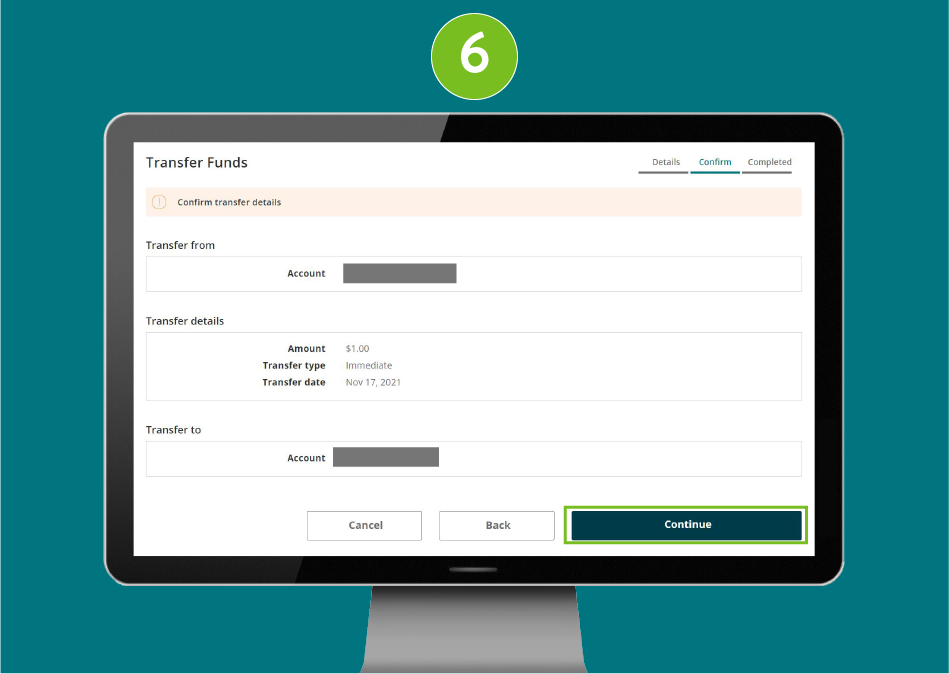 Transfer Funds page in a desktop browser showing the Confirm transfer details step, focused on the Continue button.