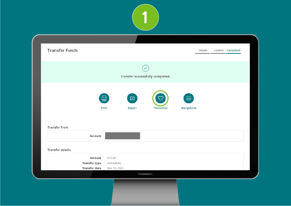 Transfer Funds screen in a desktop browser, showing the message “Transfer successfully completed” with focus on the Favourite icon.