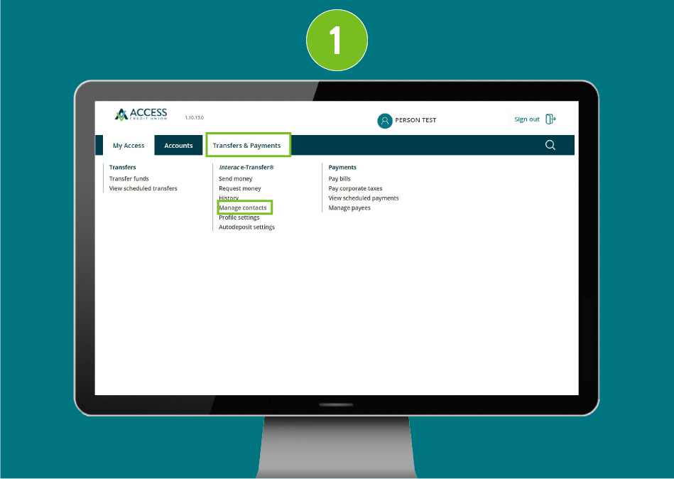 Desktop browser view of a banking website, with "Transfers & Payments" highlighted in the navigation menu and "Manage Contacts" selected.