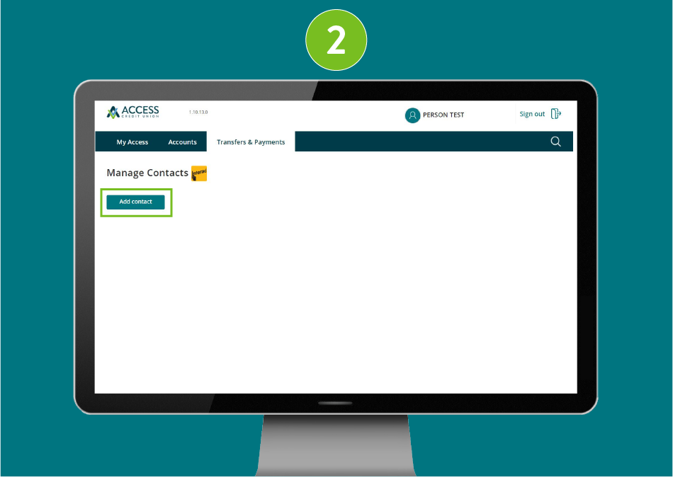 "Manage Contacts" page of a banking website, with visual focus on the "Add Contact" button.
