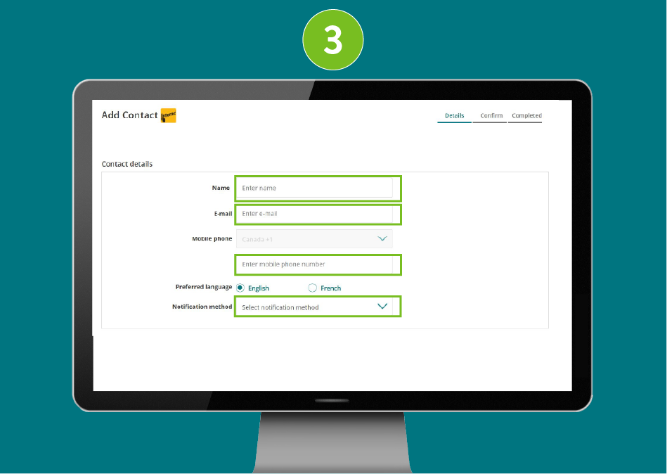 "Add Contact" page of a banking website, with visual focus on the input fields for Name and Email, and the "Notification Method" selection.