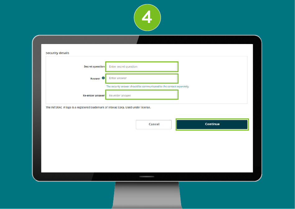 Page of a banking website, with visual focus on the input fields for "Secret Question" and its "Answer", "Re-enter Answer", and the "Continue" button.