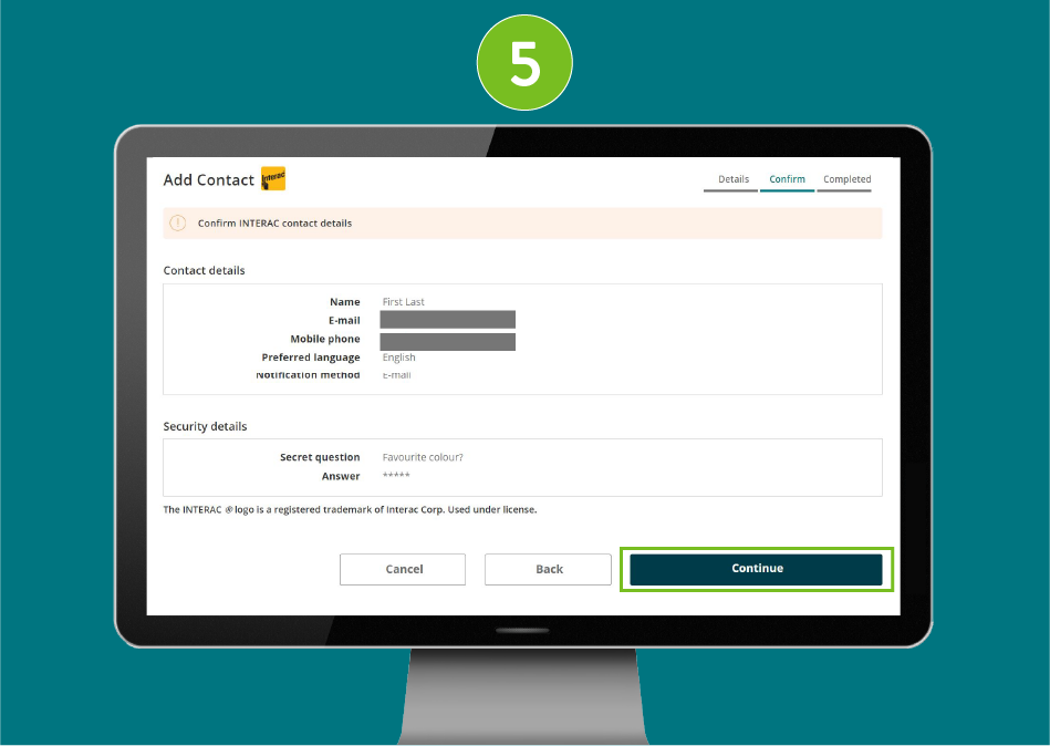 "Add Contact" confirmation page of a banking website, showing visual focus on the "Continue" button.