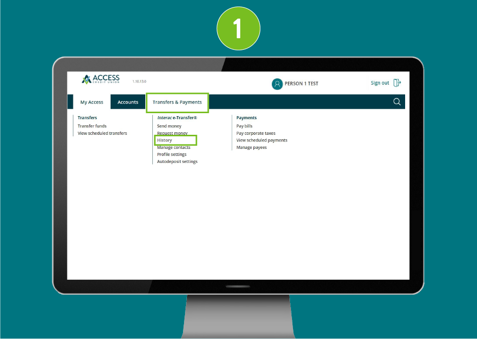 Website page in a desktop browser with focus on 'Transfers & Payments' in the navigation menu and 'History' option selected.