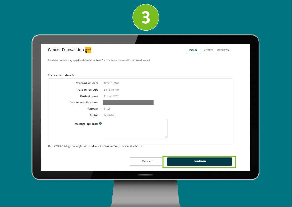 Cancel transaction page in a desktop browser with focus on the 'Continue' button.