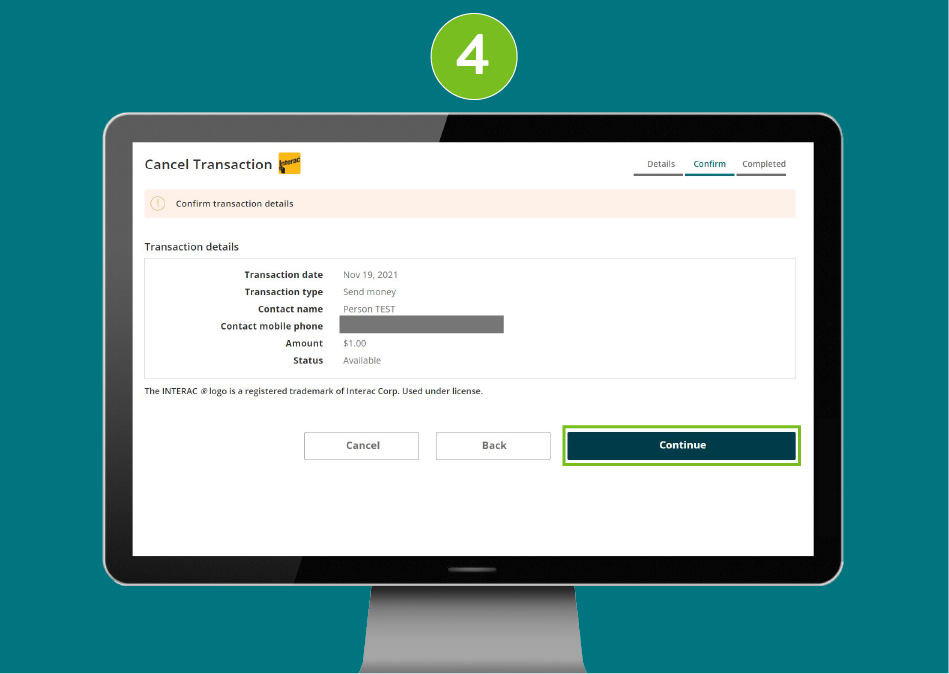 Cancel transaction page in a desktop browser, confirming transaction details with focus on the 'Continue' button.