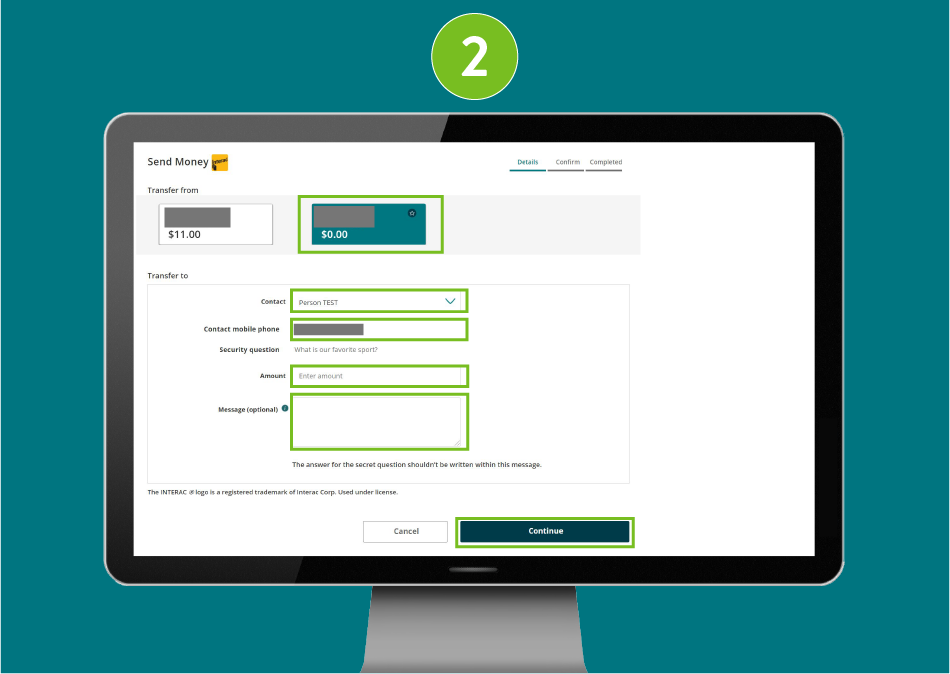 Banking website page in a desktop browser, with account and contact selected, and focus on mobile phone, amount, message fields, and "Continue" button.