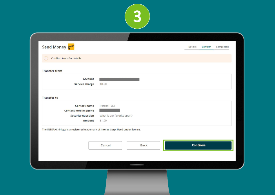 "Send Money" confirmation page of a banking website, with visual focus on the "Continue" button.