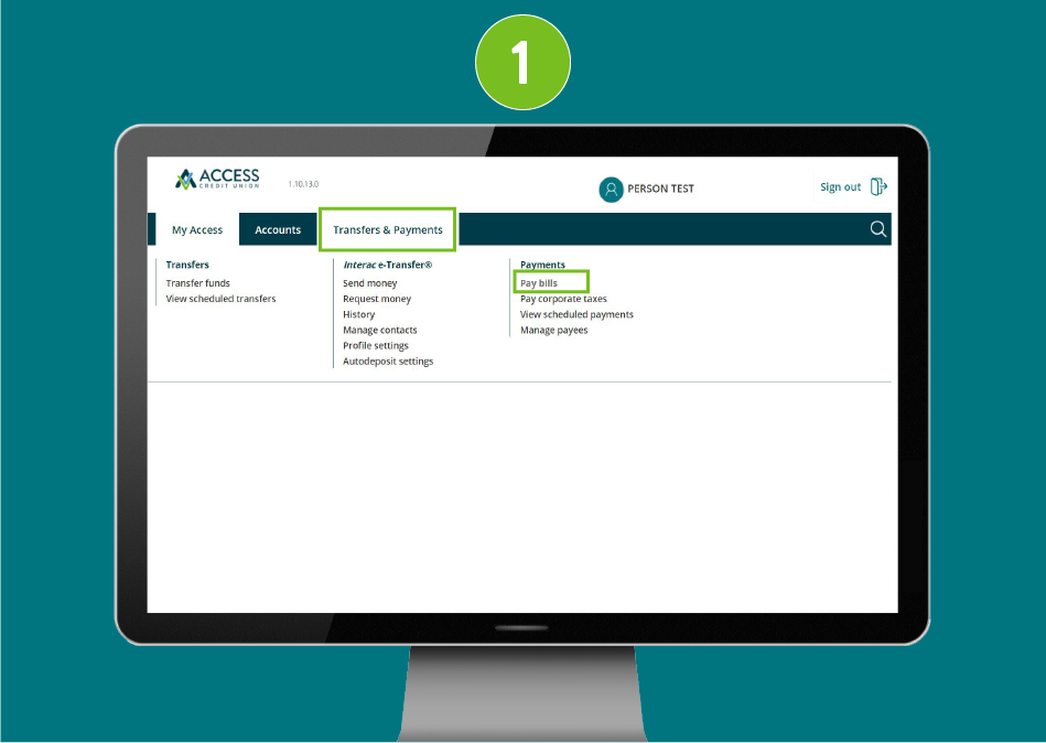 Desktop browser view of a banking website, with "Transfers & Payments" highlighted in the navigation menu and the "Pay Bills" option selected.