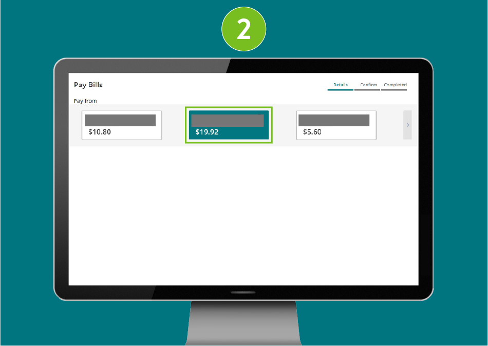 "Pay Bills" page of a banking website, showing visual focus on the selected account to pay from.