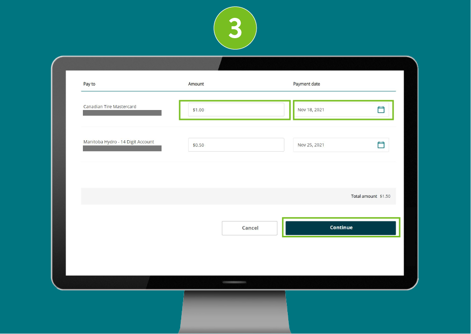 "Pay Bills" page of a banking website, showing visual focus on the selected "Amount" and "Payment Date" input fields, and the "Continue" button.