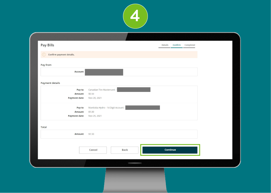 "Pay Bills" confirmation page of a banking website, showing visual focus on the "Continue" button.
