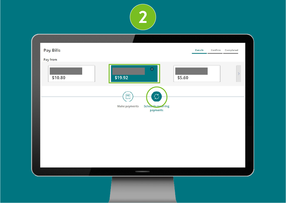 "Pay Bills" page of a banking website, with an account option selected and visual focus on the "Schedule Recurring Payments" icon.