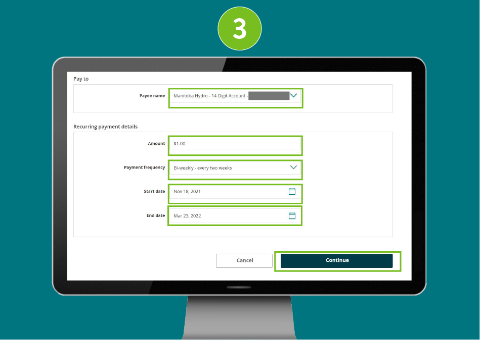 "Pay Bills" page of a banking website, showing visual focus on the selected "Amount", "Payment Frequency", "Start Date", and "End Date" input fields, and the "Continue" button.