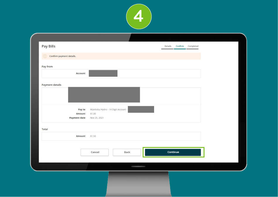 "Pay Bills" confirmation page of a banking website, showing visual focus on the "Continue" button.