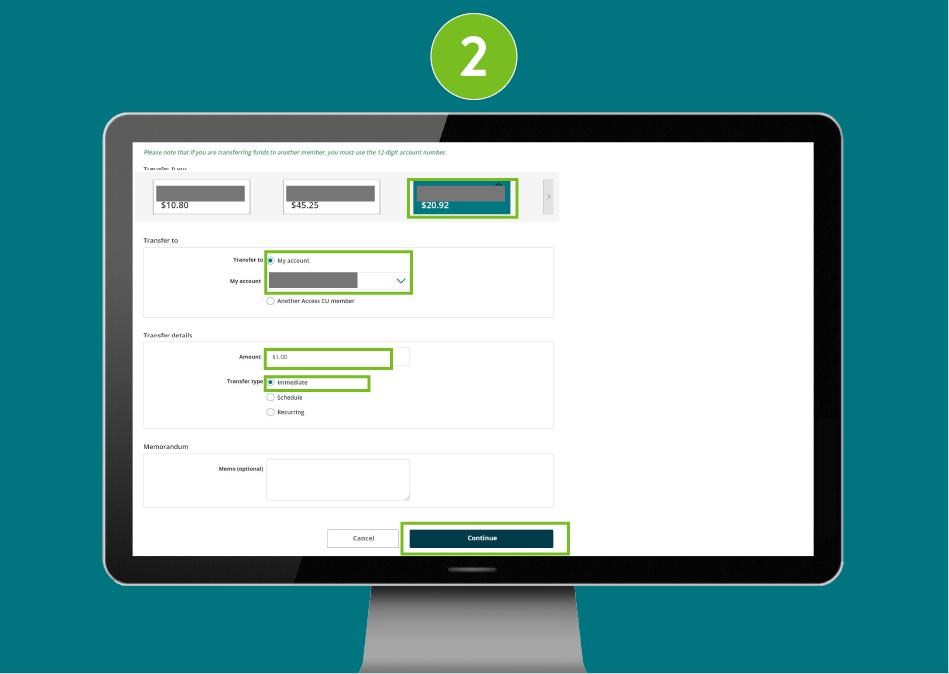 Website page in a desktop browser, focused on the “Transfer from” and “Transfer to” fields, amount, transfer type, and the Continue button.