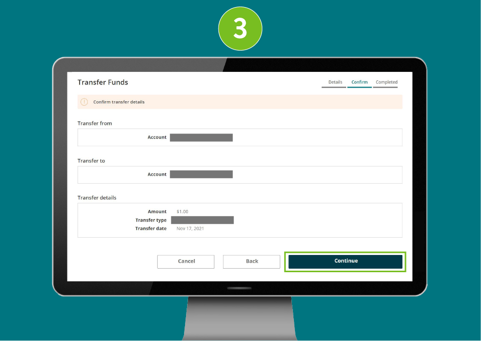 Transfer Funds page in a desktop browser, showing transfer details and focused on the Continue button.