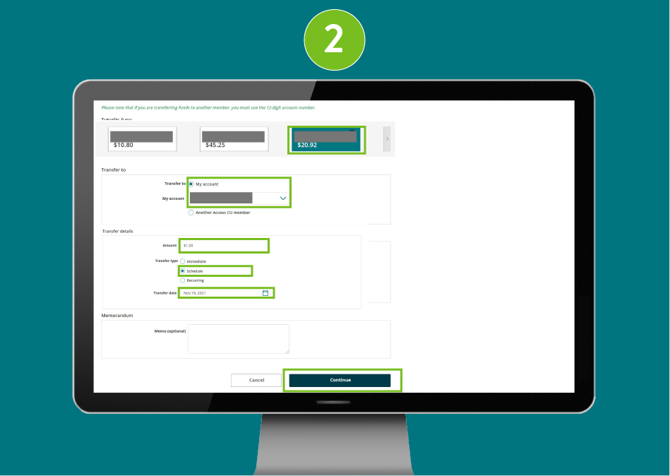 Website page in a desktop browser, focused on the “Transfer from” and “Transfer to” fields, amount, transfer type, and the Continue button.