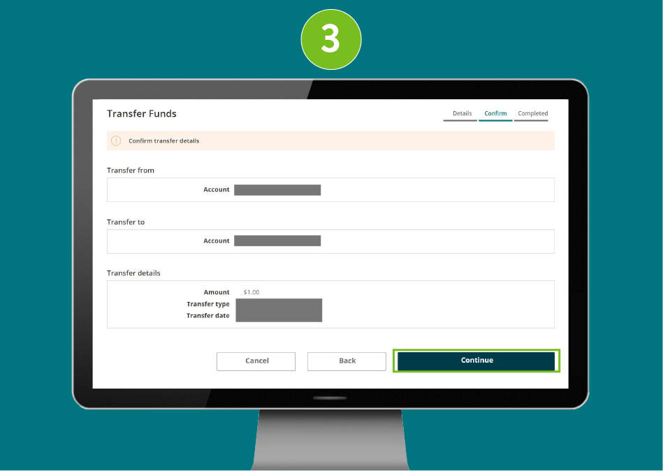 Transfer Funds page in a desktop browser, showing transfer details and focused on the Continue button.