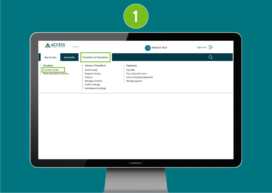 Website page in a desktop browser, focused on the “Transfers & Payments” dropdown menu with the “Transfer Funds” option highlighted under the Transfers section.