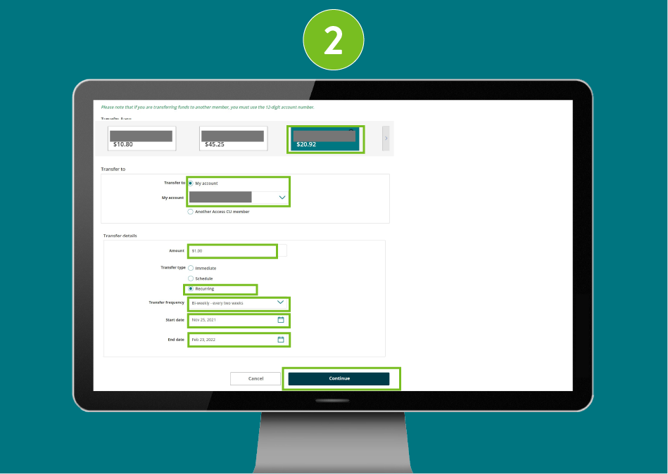 Website page in a desktop browser, focused on the “Transfer from” and “Transfer to” fields, amount, transfer type, and the Continue button.