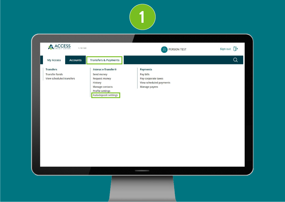 Website page in a desktop browser with focus on 'Transfers & Payments' in the navigation menu and 'Autodeposit settings' selected.