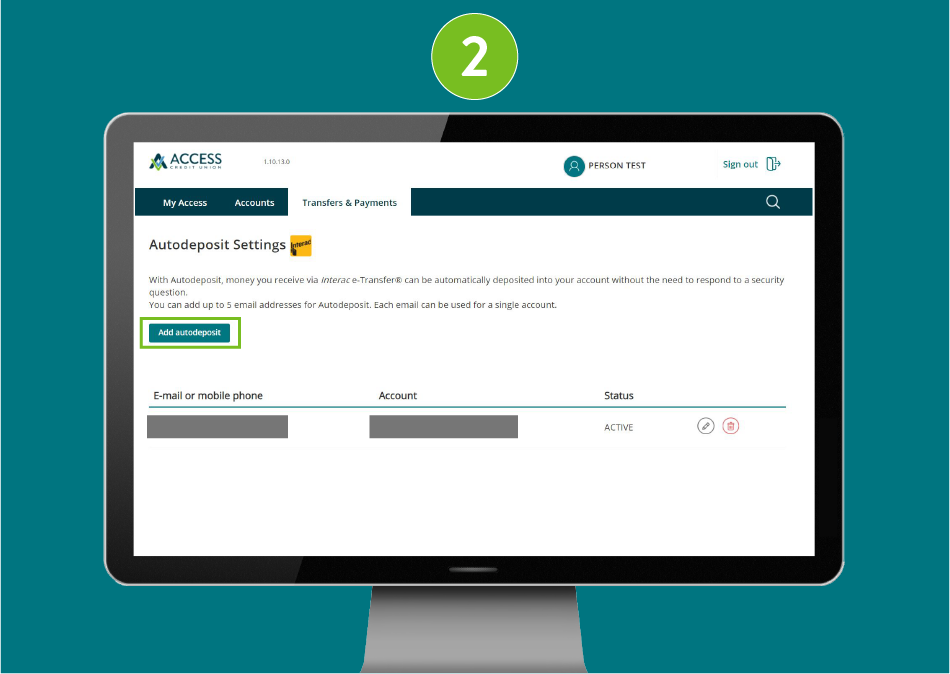 Website page in a desktop browser with focus on the 'Add Autodeposit' button.