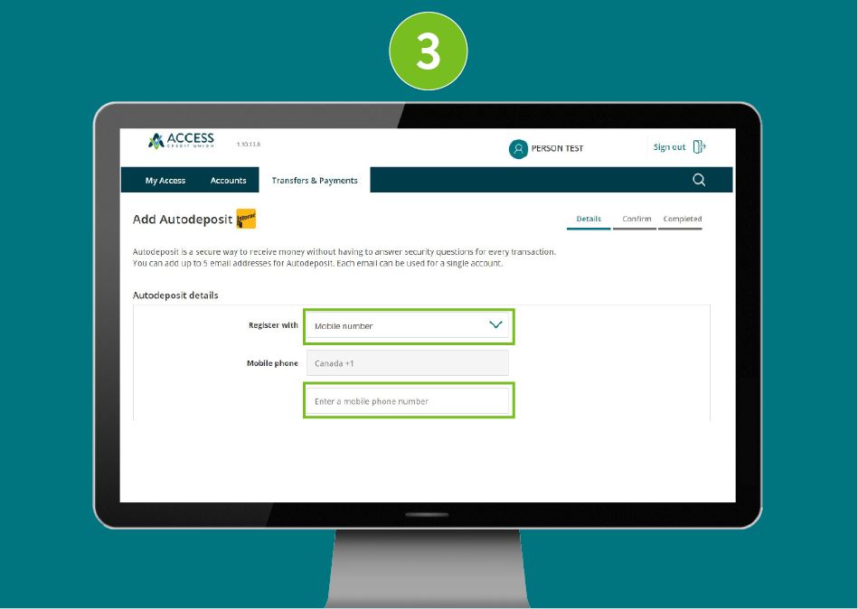 Add Autodeposit page in a desktop browser with focus on the 'Register With' and 'Mobile Phone' fields.
