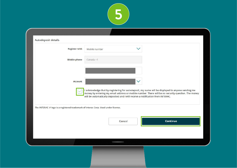 Add Autodeposit page in a desktop browser with focus on the checked box to acknowledge Autodeposit terms and the 'Continue' button.