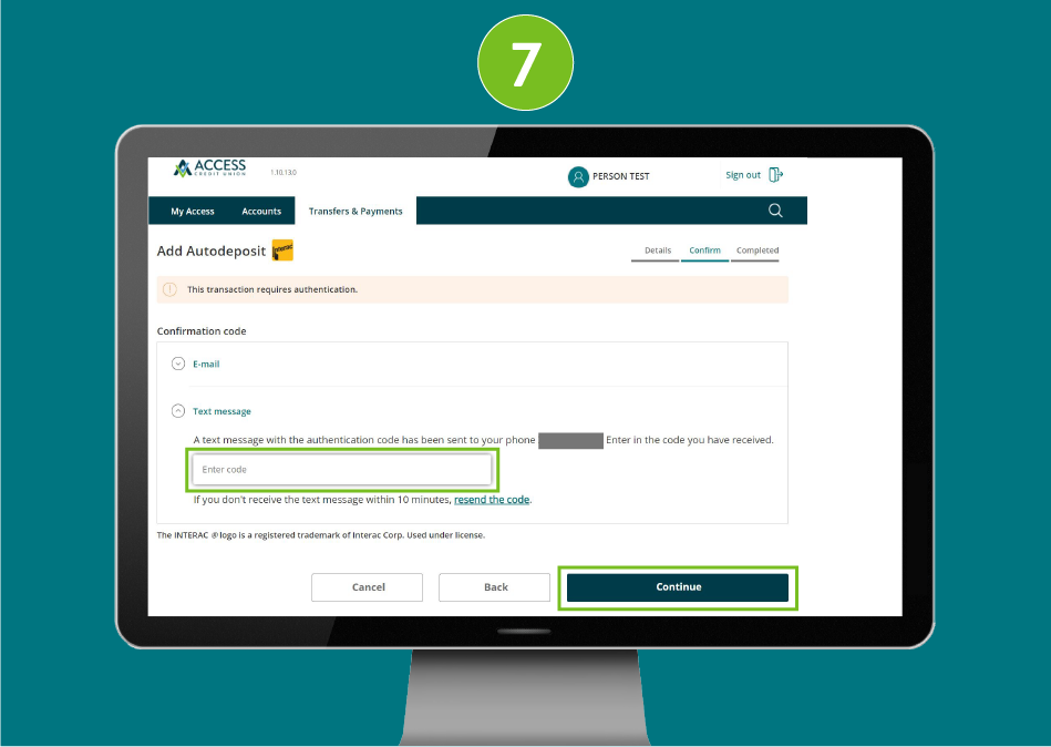 Add Autodeposit page in a desktop browser with focus on the authentication code field and 'Continue' button.