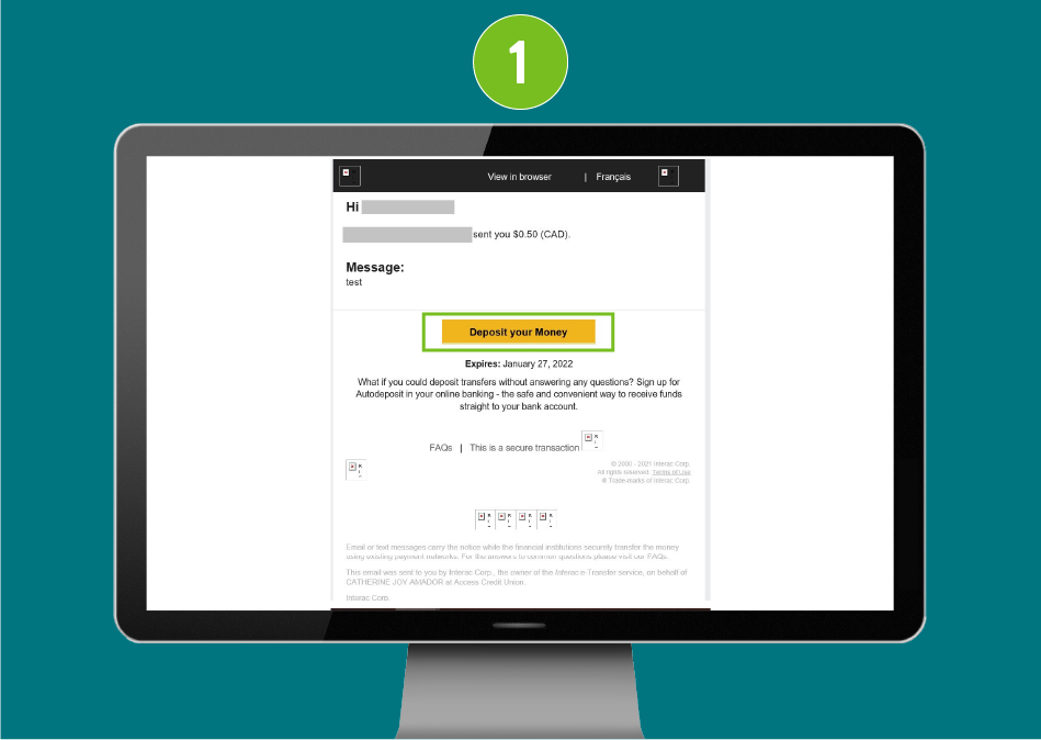 Website page for Accept e-Transfer viewed on a desktop browser, with visual emphasis on the 'Deposit Your Money' button.