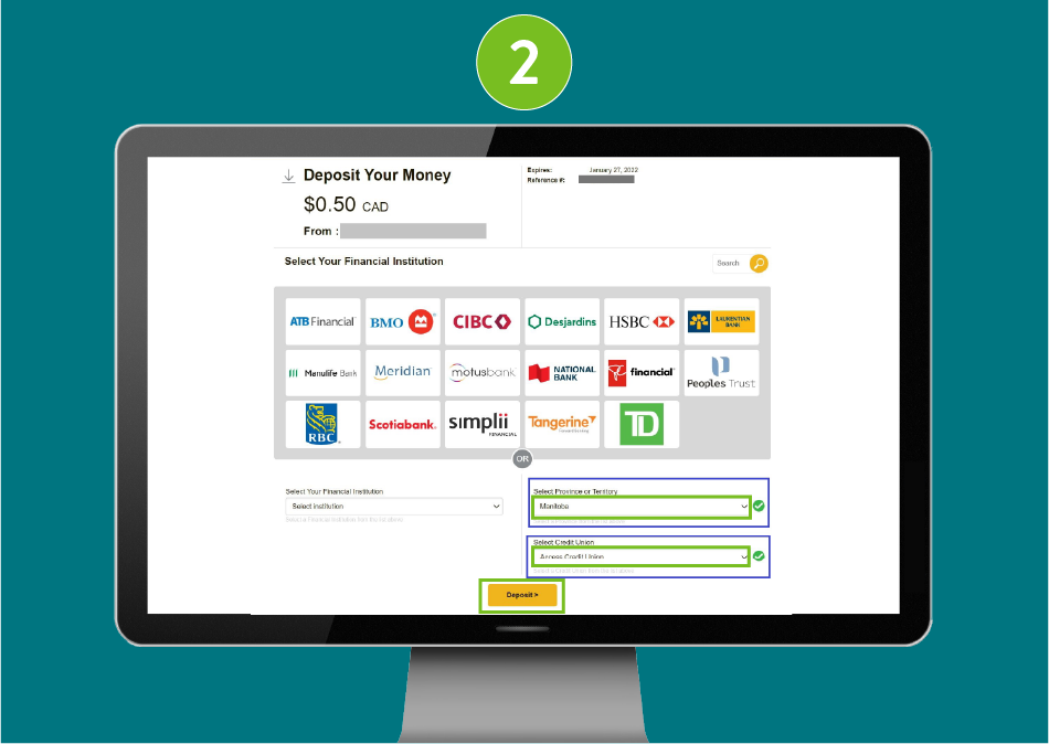 Accept e-Transfer webpage displayed in a desktop browser. Manitoba is selected as the province, Access Credit Union is chosen as the financial institution, and the 'Deposit' button is visually highlighted.