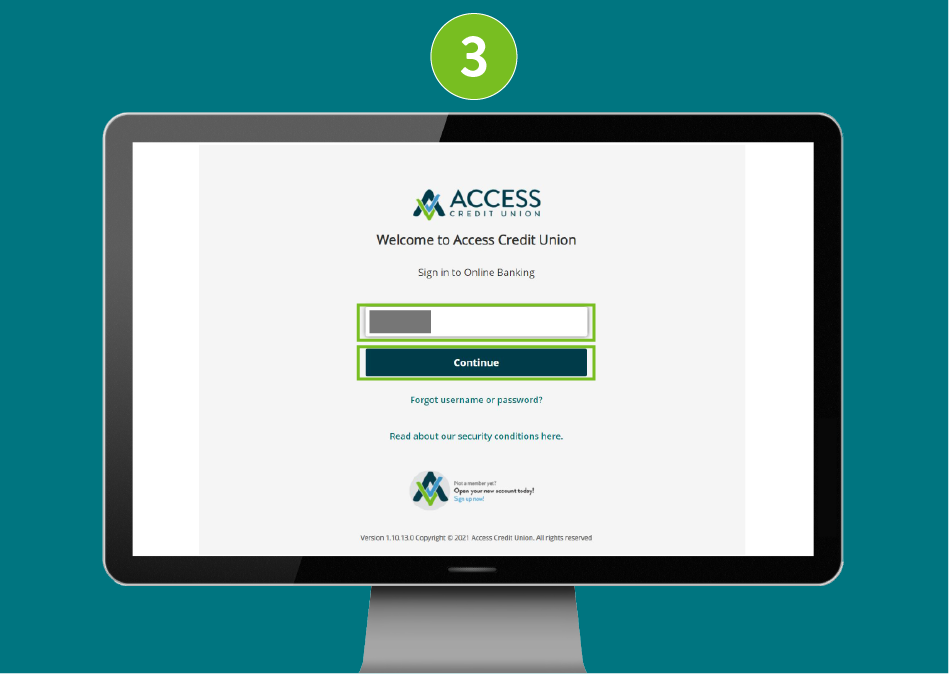 Access Credit Union sign-in page with focus on the 'Continue' button.