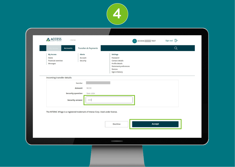 Access Credit Union website with focus on the security answer field and 'Accept' button.