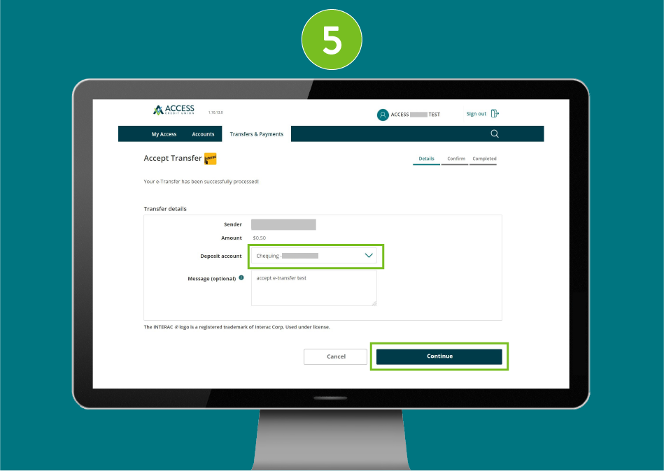 Access Credit Union website with focus on the deposit account field and 'Continue' button.