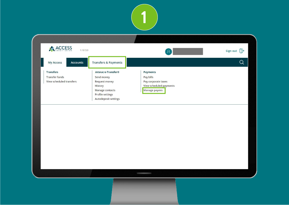 Desktop browser view of a banking website, with "Transfers & Payments" highlighted in the navigation menu and the "Manage Payees" option selected.