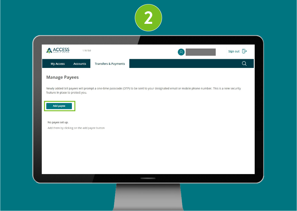 "Manage Payees" page of a banking website, with visual focus on the "Add Payee" button.