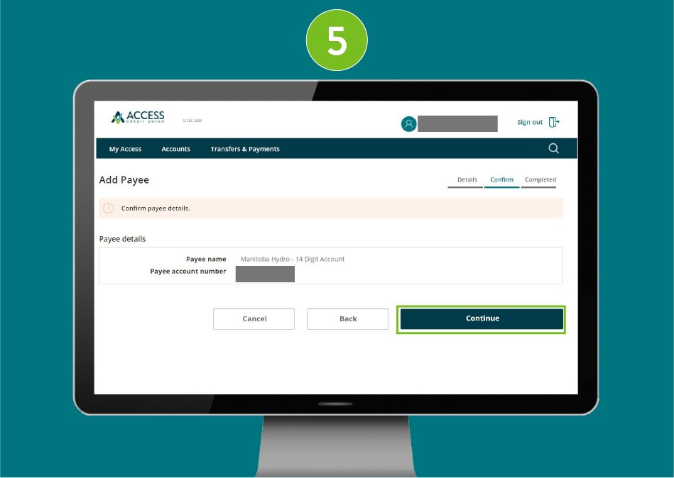 "Add Payee" confirmation page of a banking website, with visual focus on the "Continue" button.