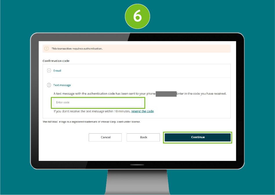 Page of a banking website, with visual focus on the "Authentication Code" input field and the "Continue" button.