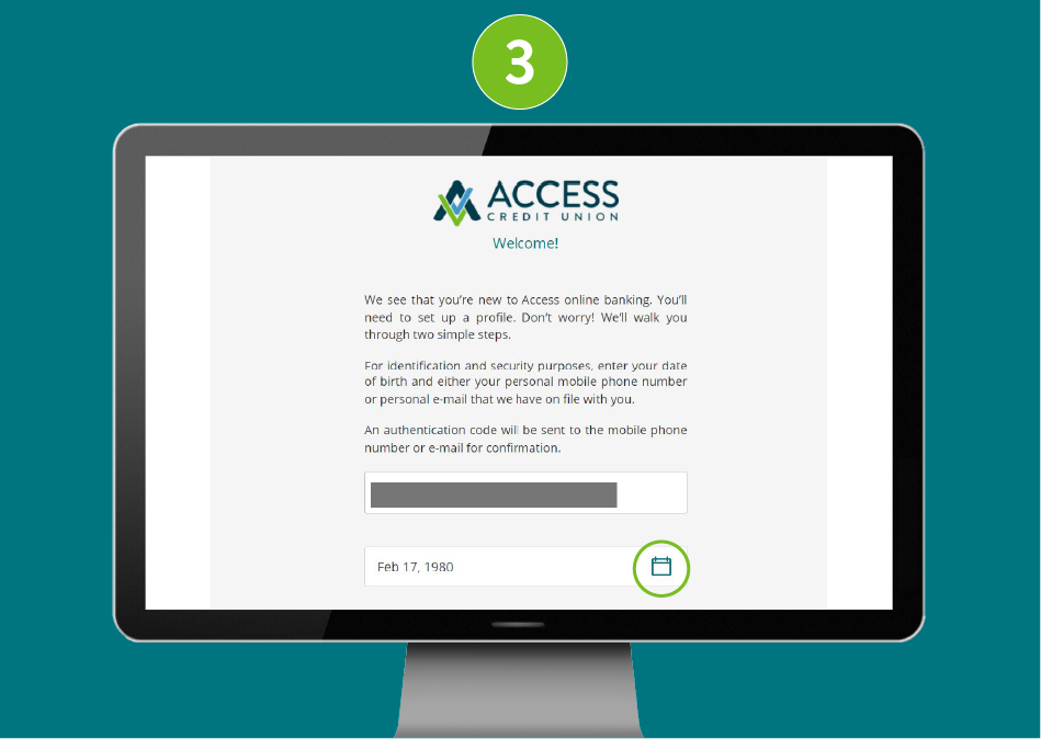 Welcome page for new members in a desktop browser, with focus on the calendar icon used to select a date.