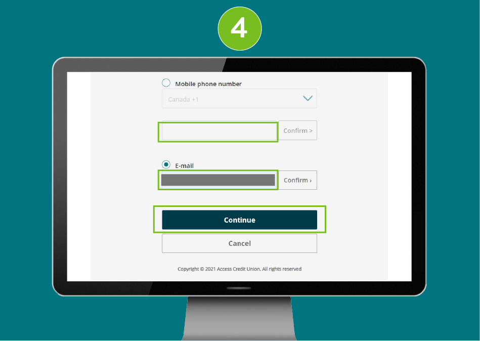 Website page in a desktop browser, with focus on the mobile phone number and email input fields, and a Continue button to proceed.